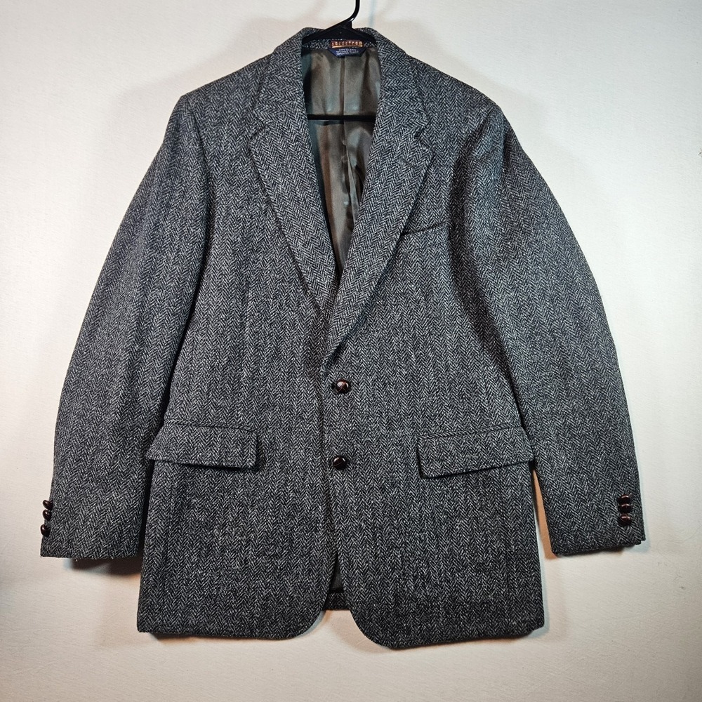 Vtg Harris Tweed Nordstrom Grey Herringbone Wool Sport Coat Blazer 42L Lthr Btn